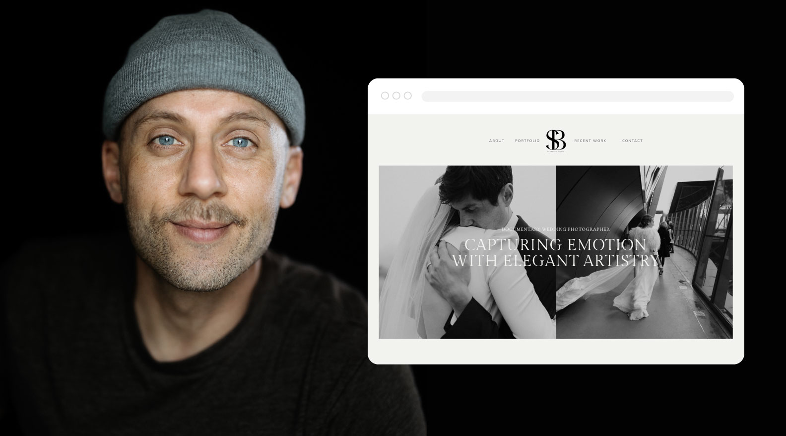 A man in a beanie smiling in front of a dark background.