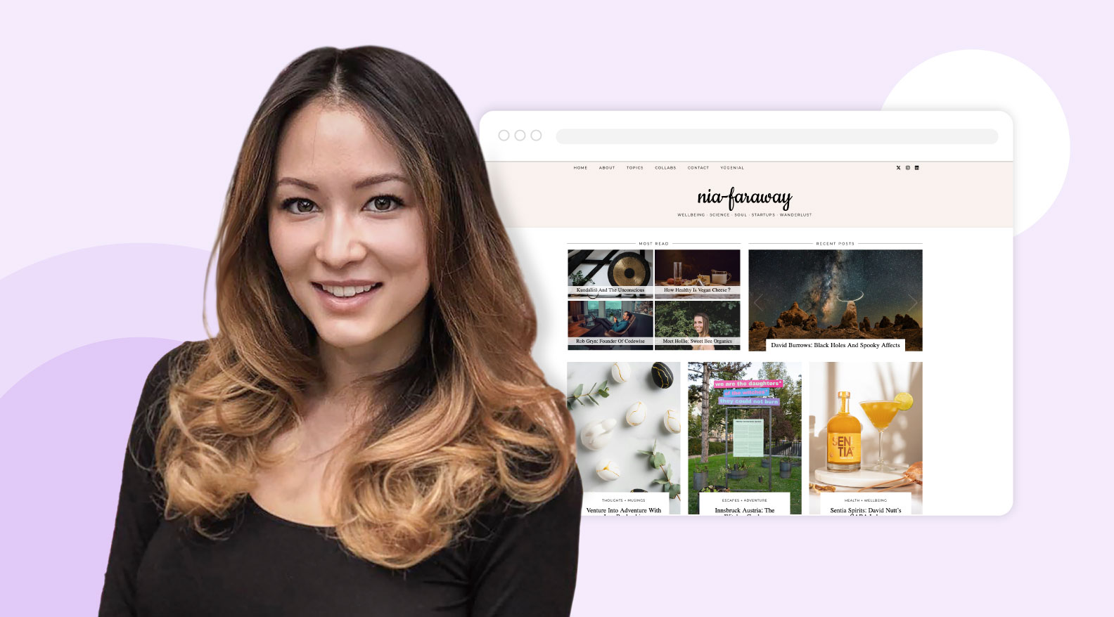 A smiling woman with highlighted hair standing in front of a wall of flowers.