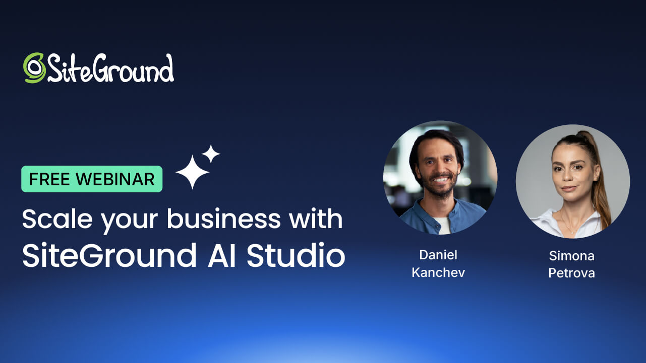 Webinar thumbnail: SiteGround AI Studio features, use cases, and live Q&A