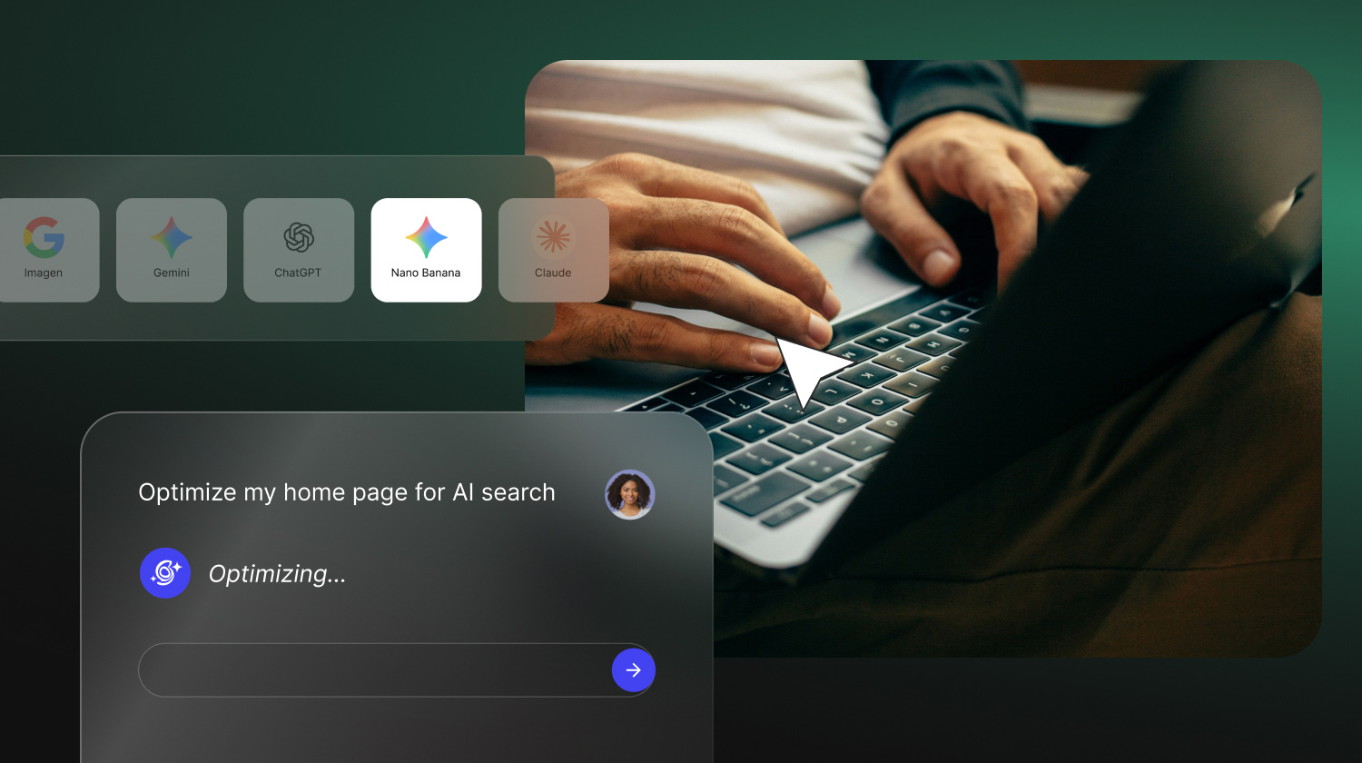 Person typing on a laptop with SiteGround AI Studio interface open, showing an AI prompt optimizing a homepage for AI search.