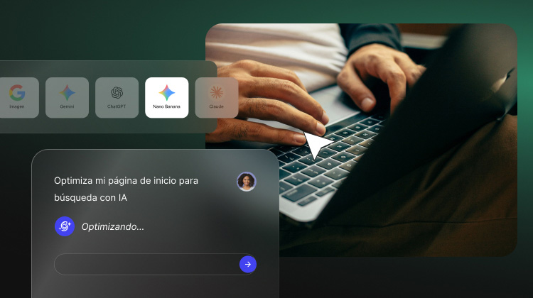 Persona escribiendo en un portátil con la interfaz de SiteGround AI Studio abierta, mostrando un prompt de IA que optimiza una página de inicio para la búsqueda con IA.