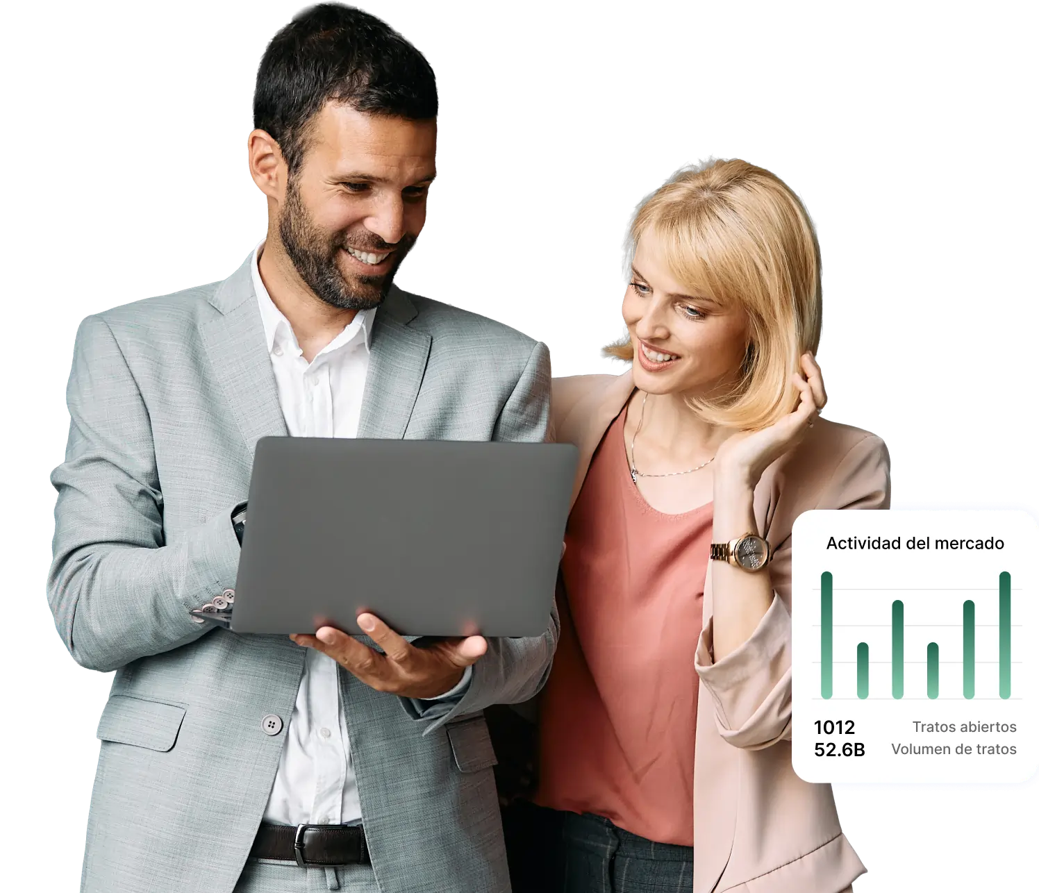 Dos profesionales revisando el rendimiento del marketing de afiliados en un portátil, con un gráfico de actividad de mercado que muestra estadísticas de volumen de ventas