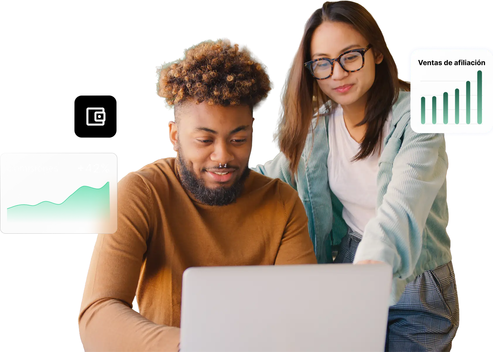 Dos personas trabajando juntas en un portátil revisando el crecimiento de las comisiones de afiliados, ilustrando el programa de afiliados de hosting de SiteGround