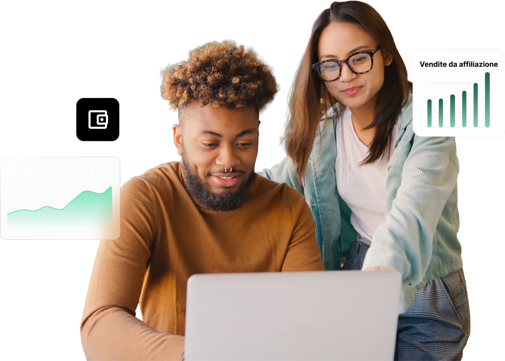 Due persone che lavorano insieme al computer portatile analizzando la crescita delle commissioni di affiliazione, a illustrazione del programma di affiliazione per l\'hosting di SiteGround