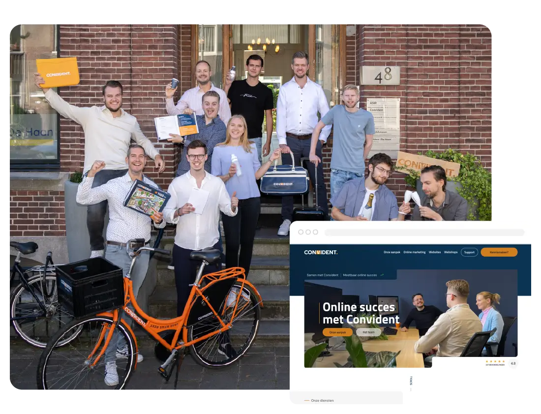 Il team dell’agenzia convident.nl festeggia insieme tenendo libri colorati, accanto al sito web di un cliente, a illustrare la storia di successo di un’agenzia di sviluppo web che ha semplificato tutto l’hosting dei clienti sulla piattaforma di hosting per agenzie di SiteGround.