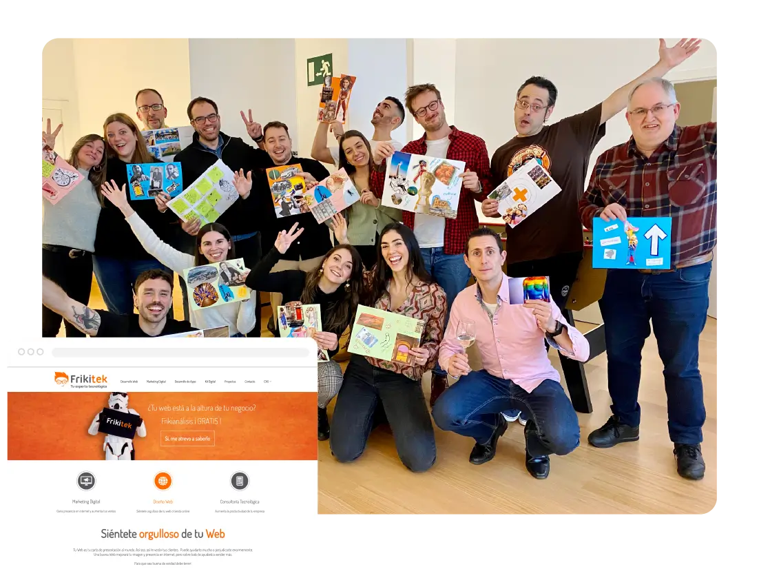 Il team dell’agenzia di frikitek.com che posa all’aperto davanti al loro ufficio, accanto al sito di un loro cliente, Convident, illustrando la storia di successo di un’agenzia web che ha scelto il programma di hosting per agenzie di SiteGround per la sua infrastruttura affidabile e il suo supporto dedicato.