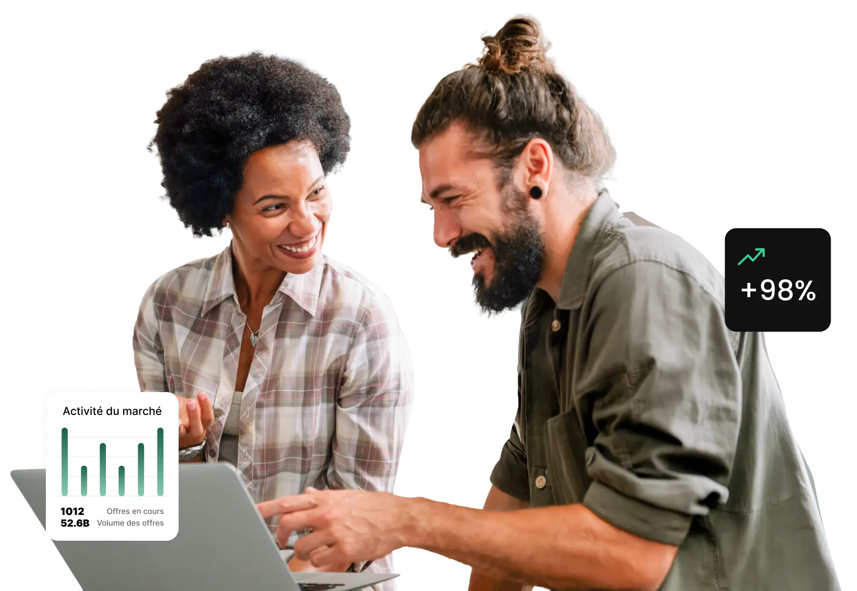 Deux professionnels d’agence collaborant sur un ordinateur portable, avec des icônes d’assistance et de gestion de compte, représentant les responsables de compte dédiés de SiteGround.