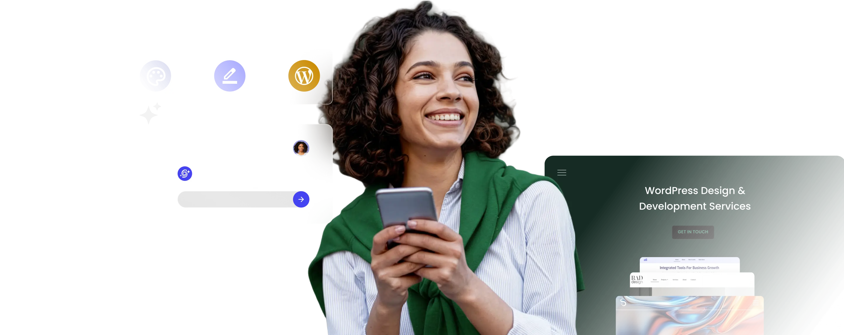 Smiling agency owner holding a phone surrounded by WordPress and collaboration tool icons, with a client WordPress Design & Development Services website displayed