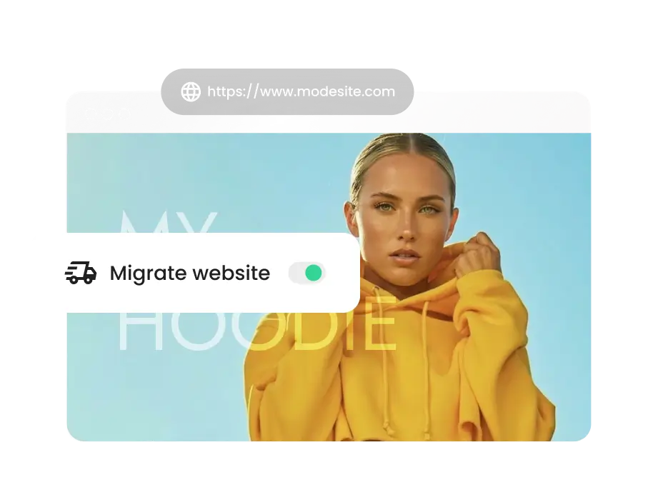 One-click website hassle-free migration toggle for agency hosting partners on SiteGround shown over a client's fashion eCommerce website
