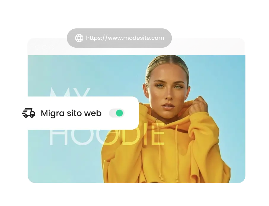 Pulsante per migrazione siti web senza problemi con un clic, per partner del programma di hosting per agenzie di SiteGround, mostrato su un sito eCommerce di moda di un cliente.