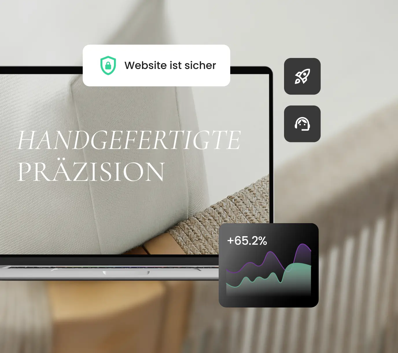 Premium-Agentur-Hosting von SiteGround bietet schnelle, sichere und zuverlässige Websites für Ihre Kunden, dargestellt durch einen Laptop, der eine sichere Kunden-Website mit SSL-Sicherheitsbadge, Geschwindigkeits- und dedizierte Support-Icons und ein Leistungswachstumsdiagramm von +65,2% zeigt