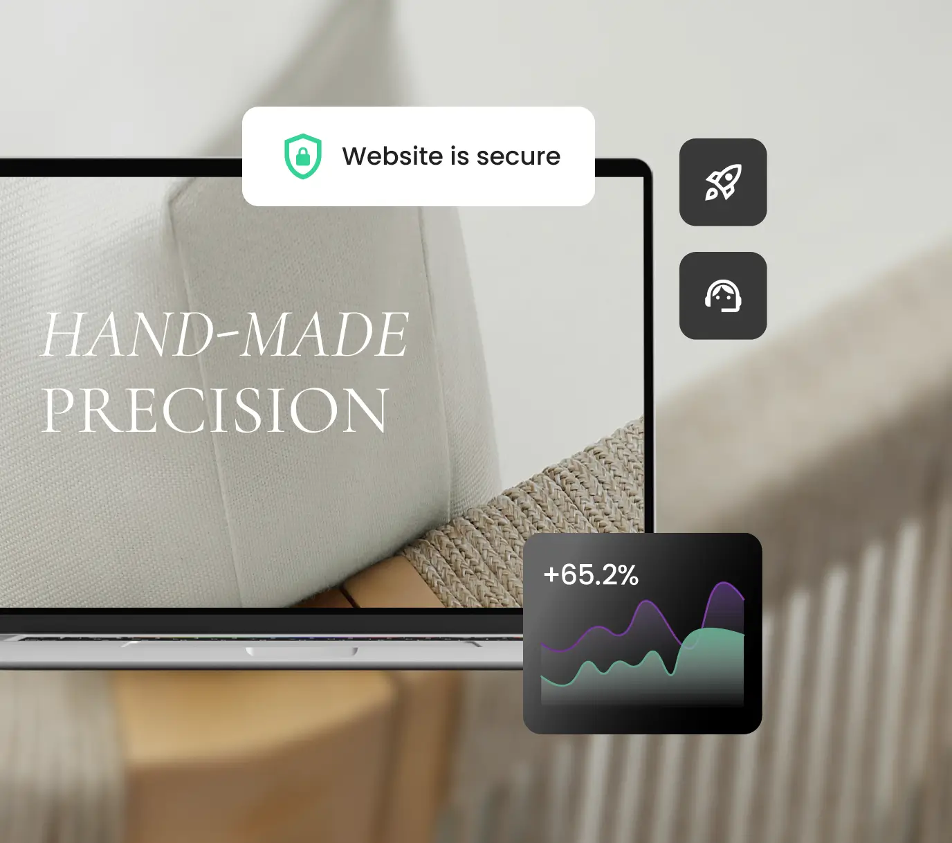 Premium agency hosting by SiteGround delivering fast, secure and reliable websites for your clients illustrated by a laptop displaying a secure client website with SSL security badge, speed and dedicated support icons, and a +65.2% performance growth chart