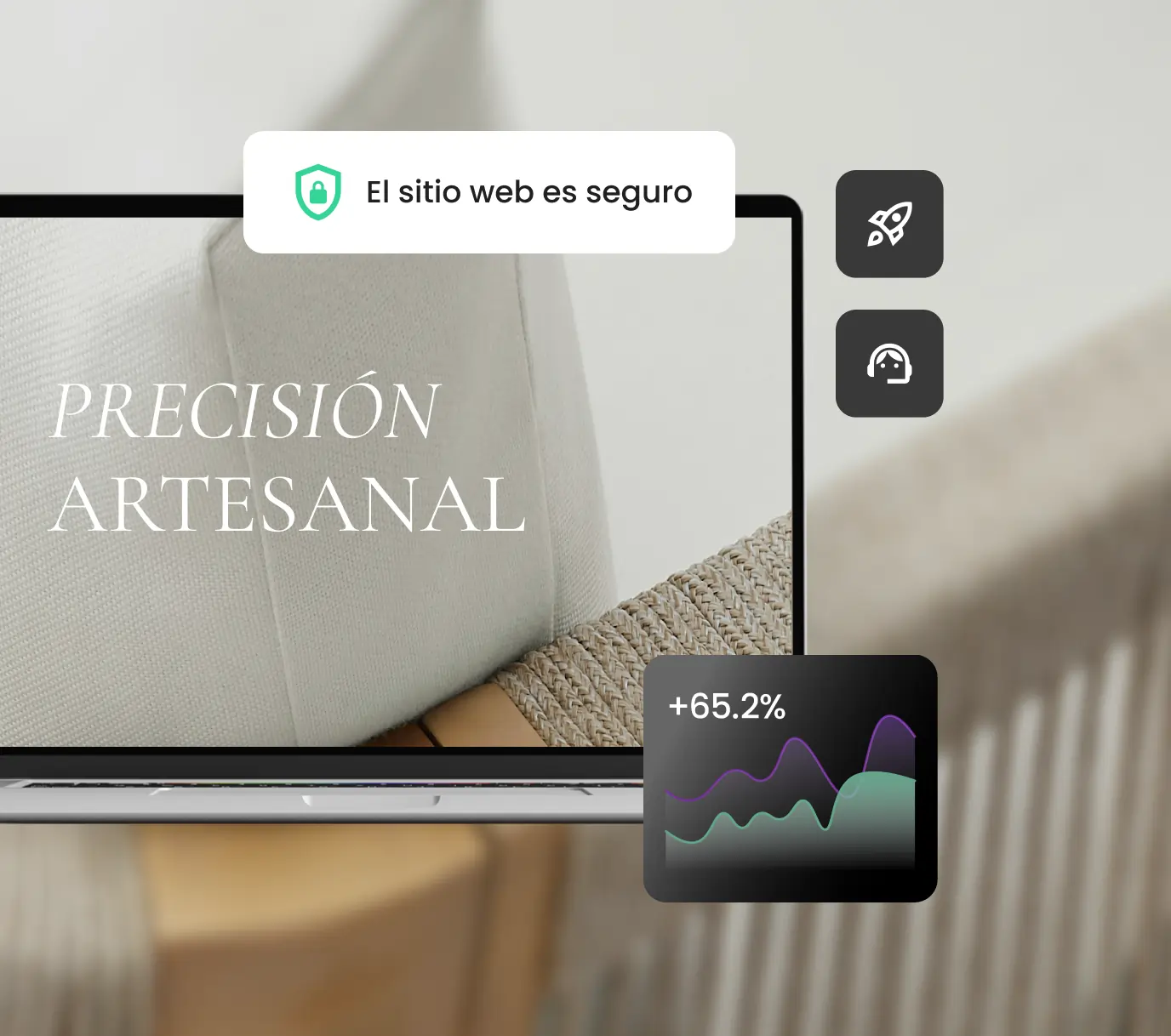 Alojamiento web premium para agencias de SiteGround, que ofrece sitios web rápidos, seguros y fiables para tus clientes, ilustrado con un ordenador portátil en el que se muestra un sitio web de un cliente protegido con un certificado SSL, iconos de velocidad y asistencia técnica dedicada, y un gráfico que refleja un aumento del rendimiento del +65,2 %.