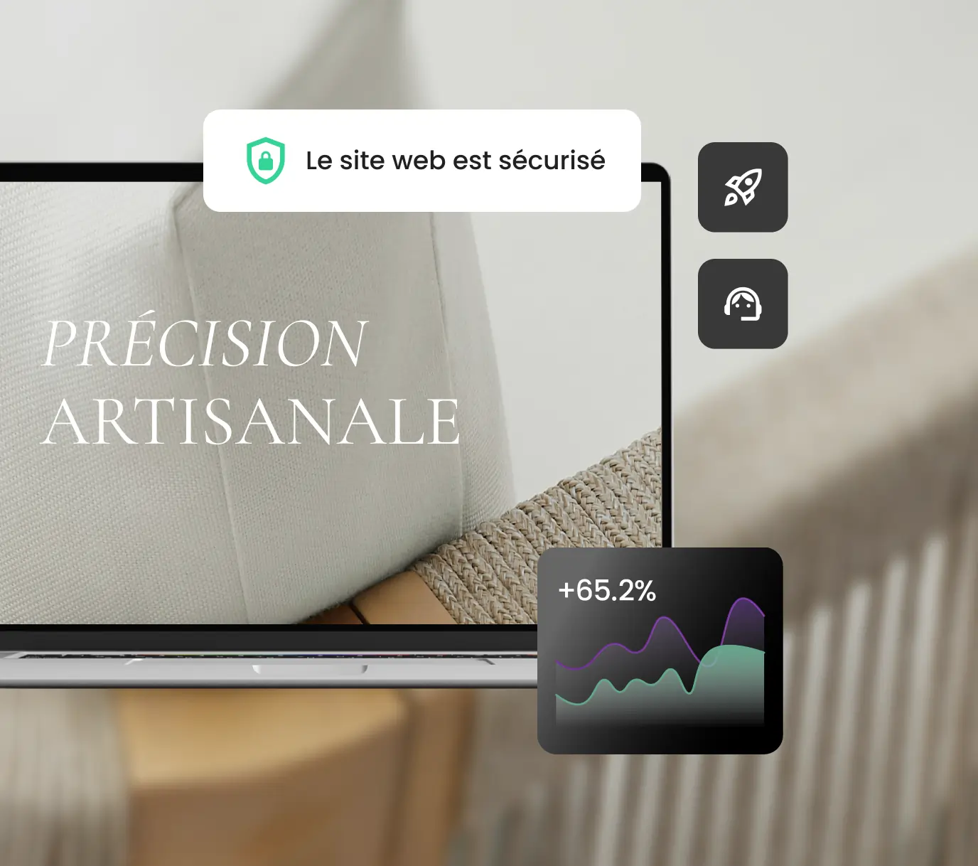 L’hébergement premium pour agences de SiteGround permet de proposer à vos clients des sites web rapides, sécurisés et fiables, illustré par un ordinateur portable affichant un site client sécurisé, un badge SSL, des icônes de vitesse et d’assistance dédiée, ainsi qu’un graphique montrant une hausse des performances de +65,2 %.