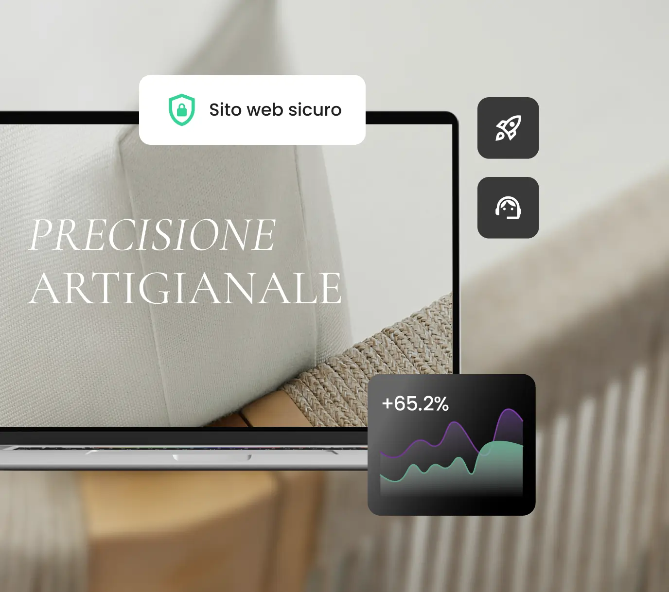 Hosting premium per agenzie di SiteGround, che offre siti web veloci, sicuri e affidabili per i tuoi clienti, illustrato da un computer portatile che mostra un sito cliente sicuro con badge SSL, icone di velocità e supporto dedicato, e un grafico con +65,2% di crescita delle prestazioni.