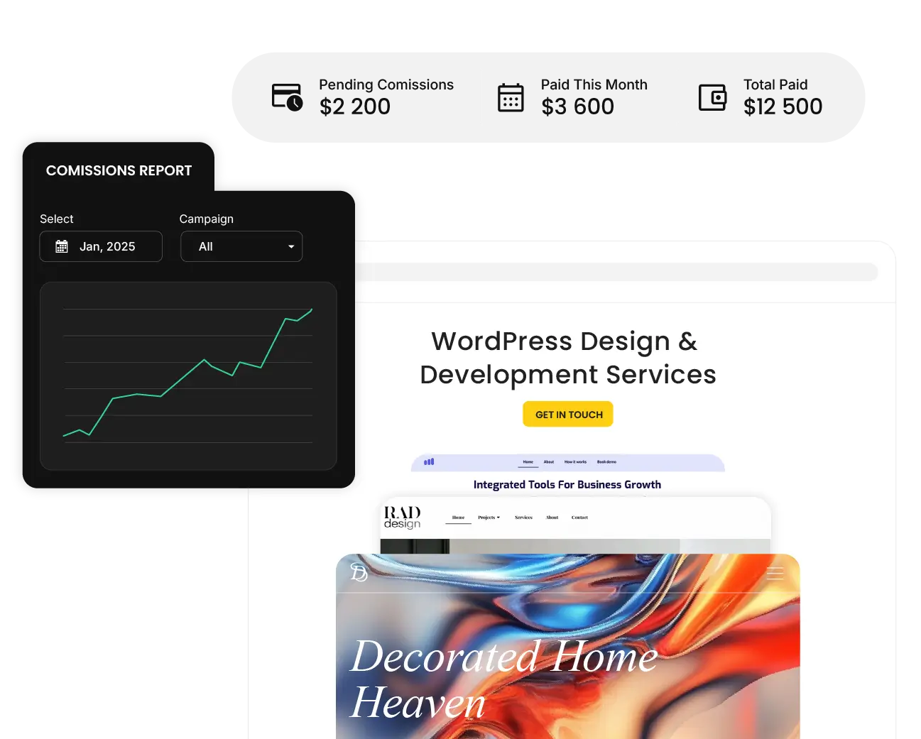 Agency hosting commissions dashboard showing pending commissions, monthly earnings, and total paid amount from SiteGround Agency Hosting Program, with a rising revenue growth chart
