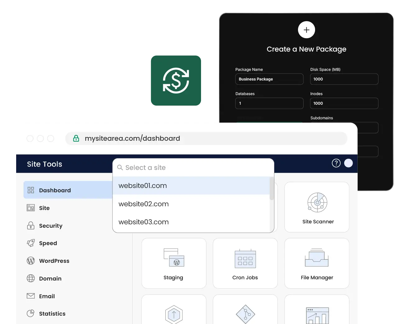 SiteGround agency hosting dashboard showing white-label reselling features for managing multiple client websites from a single control panel