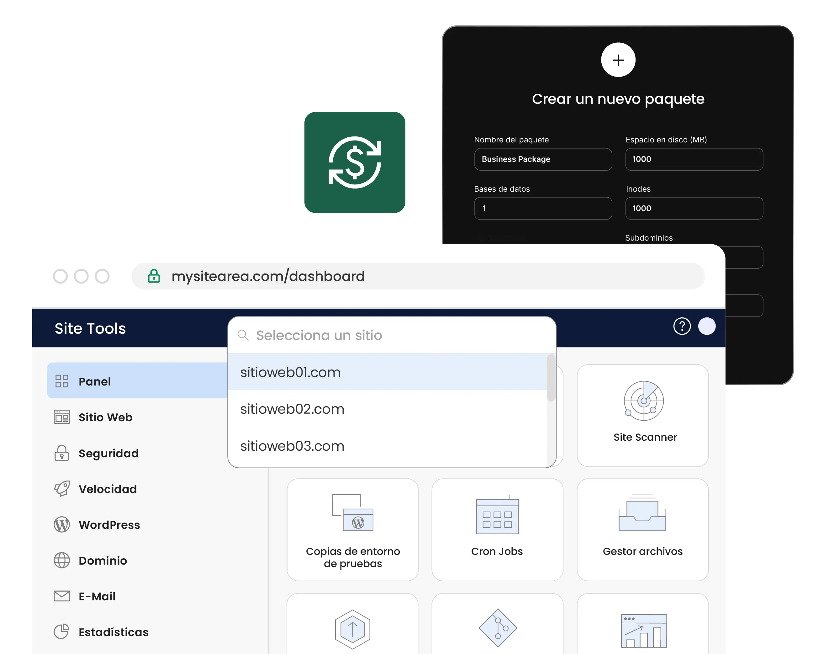 Panel de control de alojamiento para agencias de SiteGround que muestra funciones de reventa de marca blanca para gestionar múltiples sitios web de clientes desde un único panel de control.