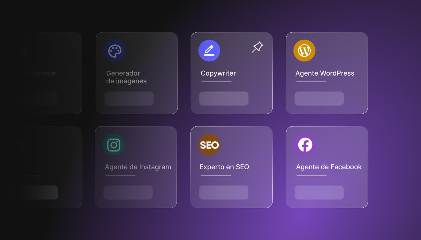 Lista de agentes de SiteGround AI Studio, que incluye el agente de IA para WordPress, el redactor publicitario, los agentes de redes sociales y el experto en SEO