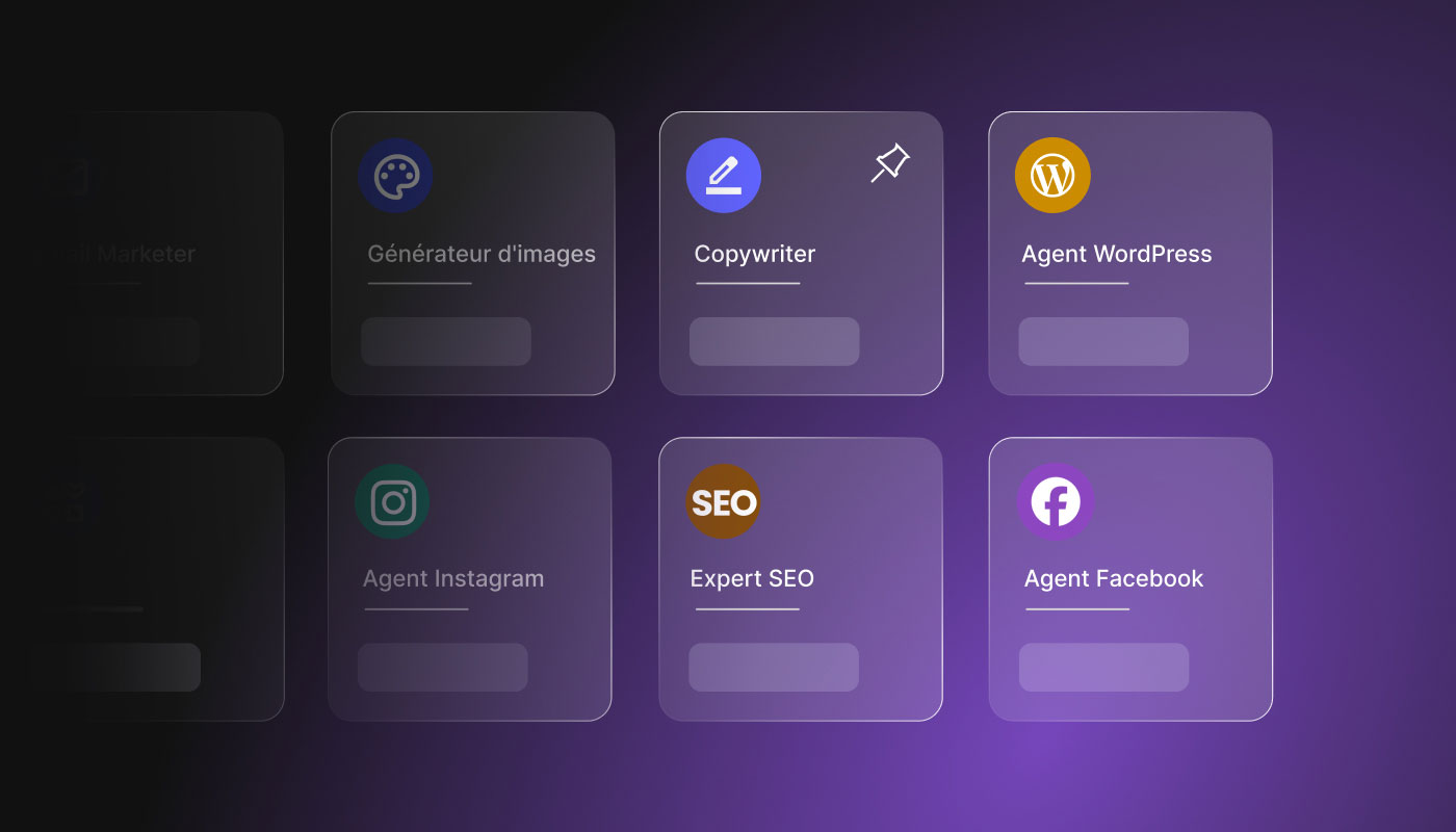 Liste des agents de SiteGround AI Studio, y compris l'agent IA pour WordPress, Copywriter, Gestionnaire des réseaux sociaux et Expert SEO
