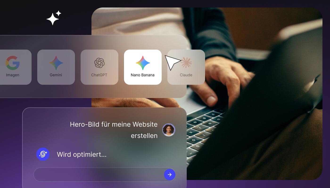 Modellpicker von SiteGround AI Studio (ChatGPT, Gemini, Claude), der ein heroisches Website-Bild aus einer Chat-Eingabeaufforderung generiert