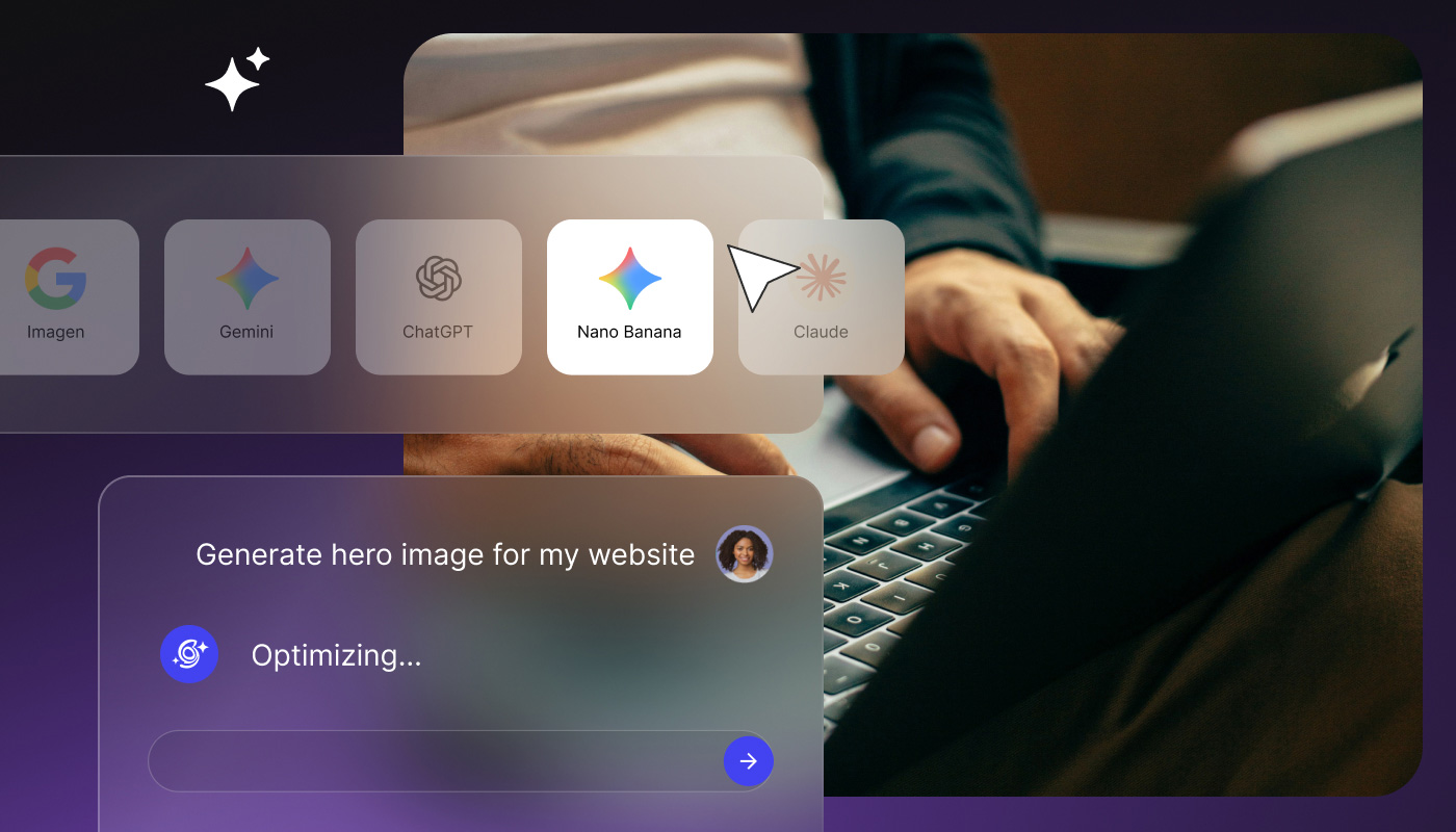 SiteGround AI Studio model picker (ChatGPT, Gemini, Claude) generating a website hero image from a chat prompt