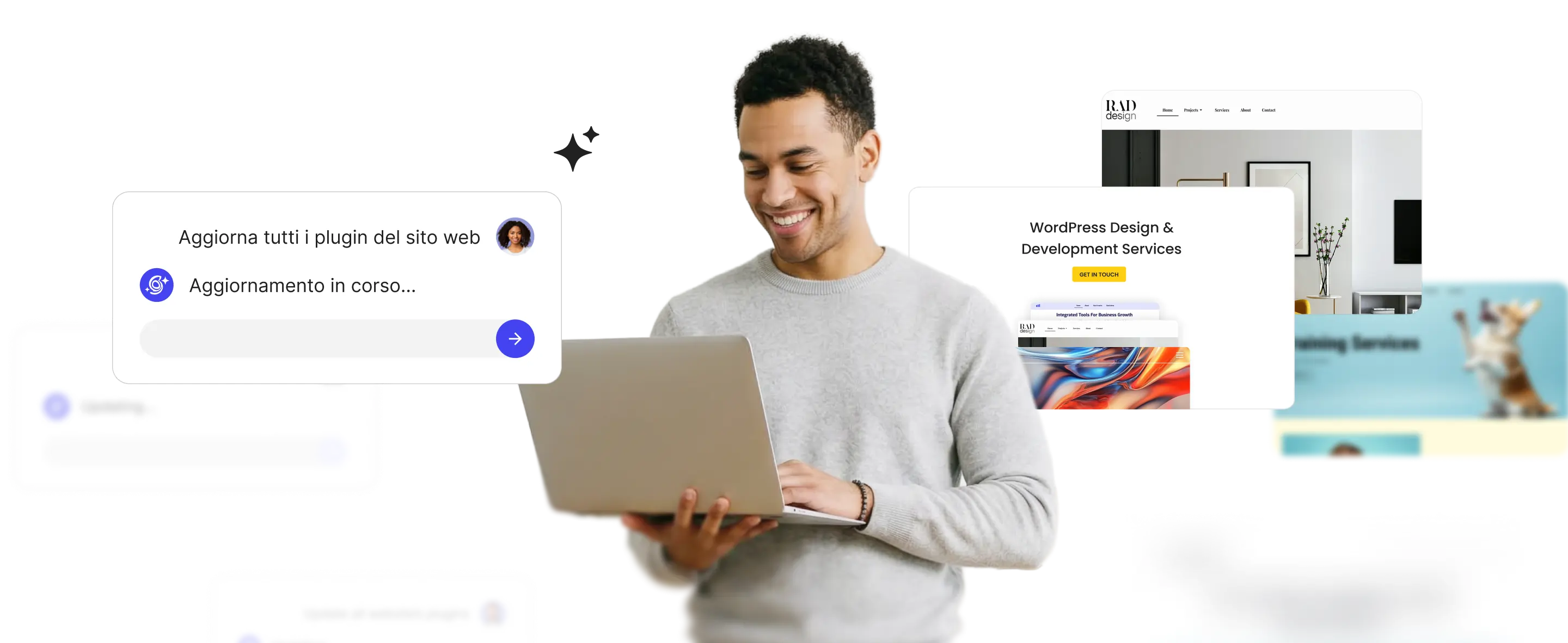 Agente IA per WordPress che esegue aggiornamenti di plugin in massa su più siti web da un unico prompt in chat