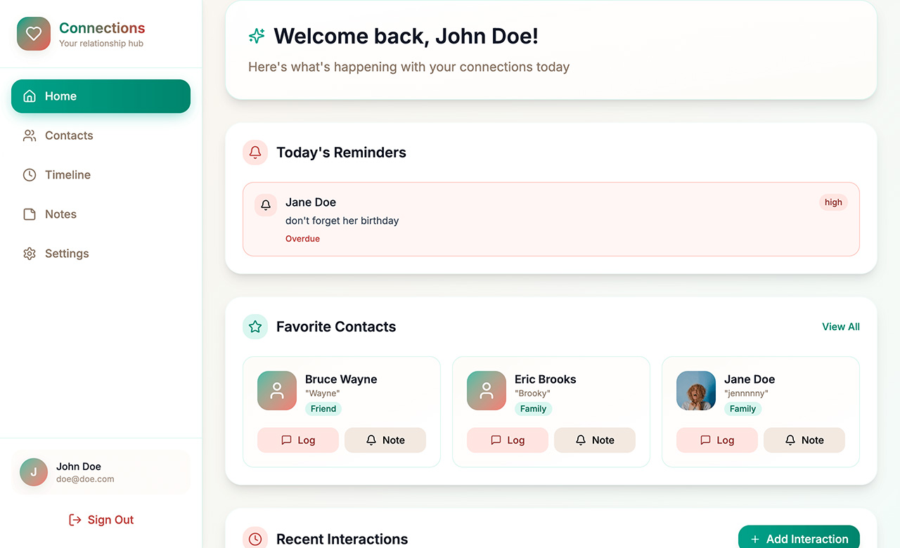 Conexiones personales: panel de relaciones con contactos, interacciones y recordatorios