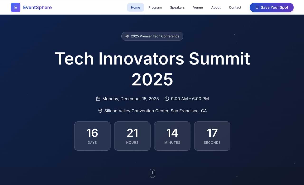 Sitio para eventos: diseño tipo conferencia con programa y ponentes