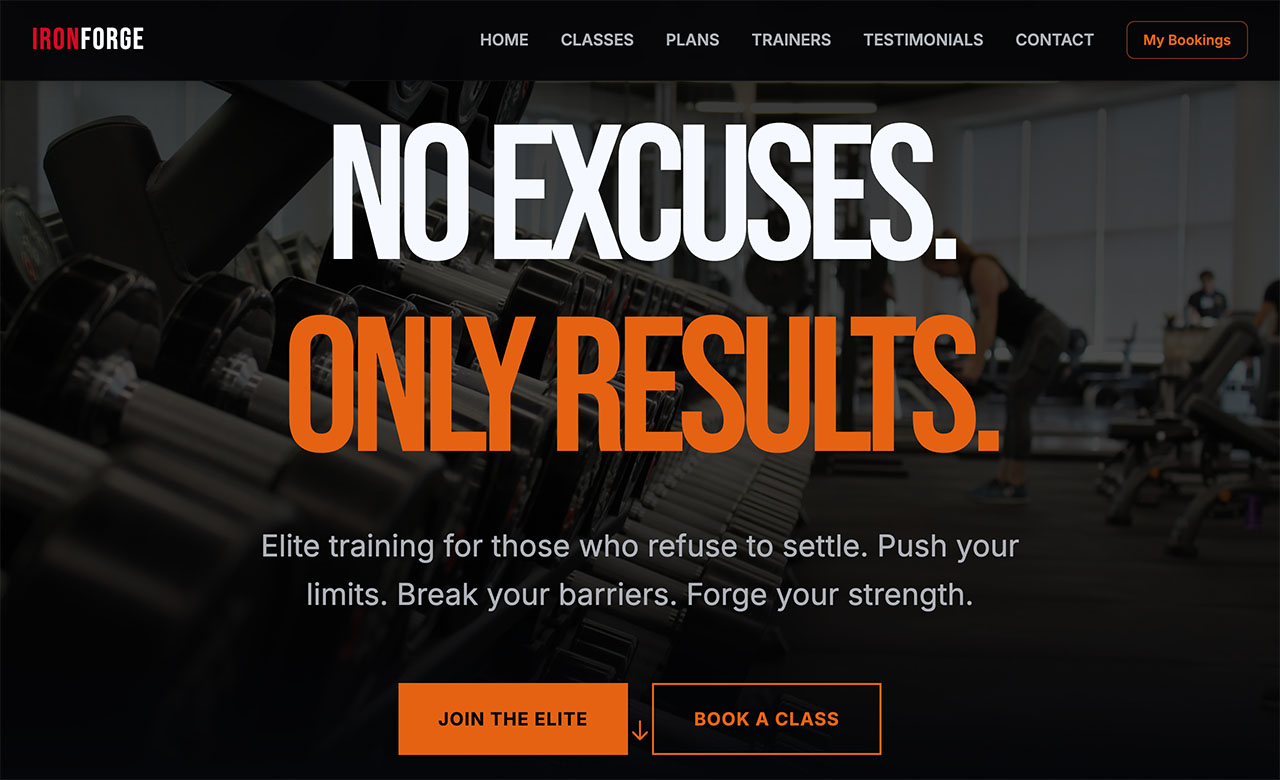 Sitio web para negocio (fitness): Web de gimnasio de alto contraste con horarios de clases y planes de membresía.