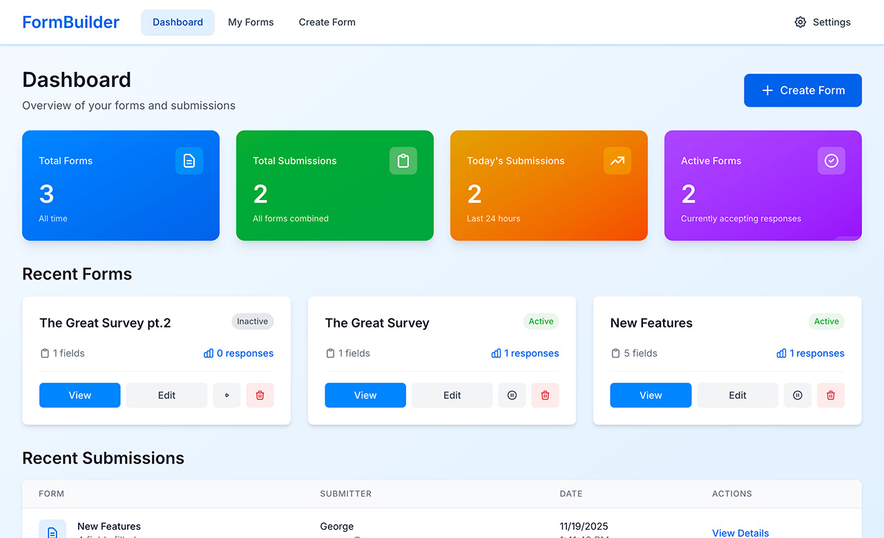 Creador de formularios: Editor de formularios de arrastrar y soltar con vista previa, envíos (de respuestas) y opciones de estilo.