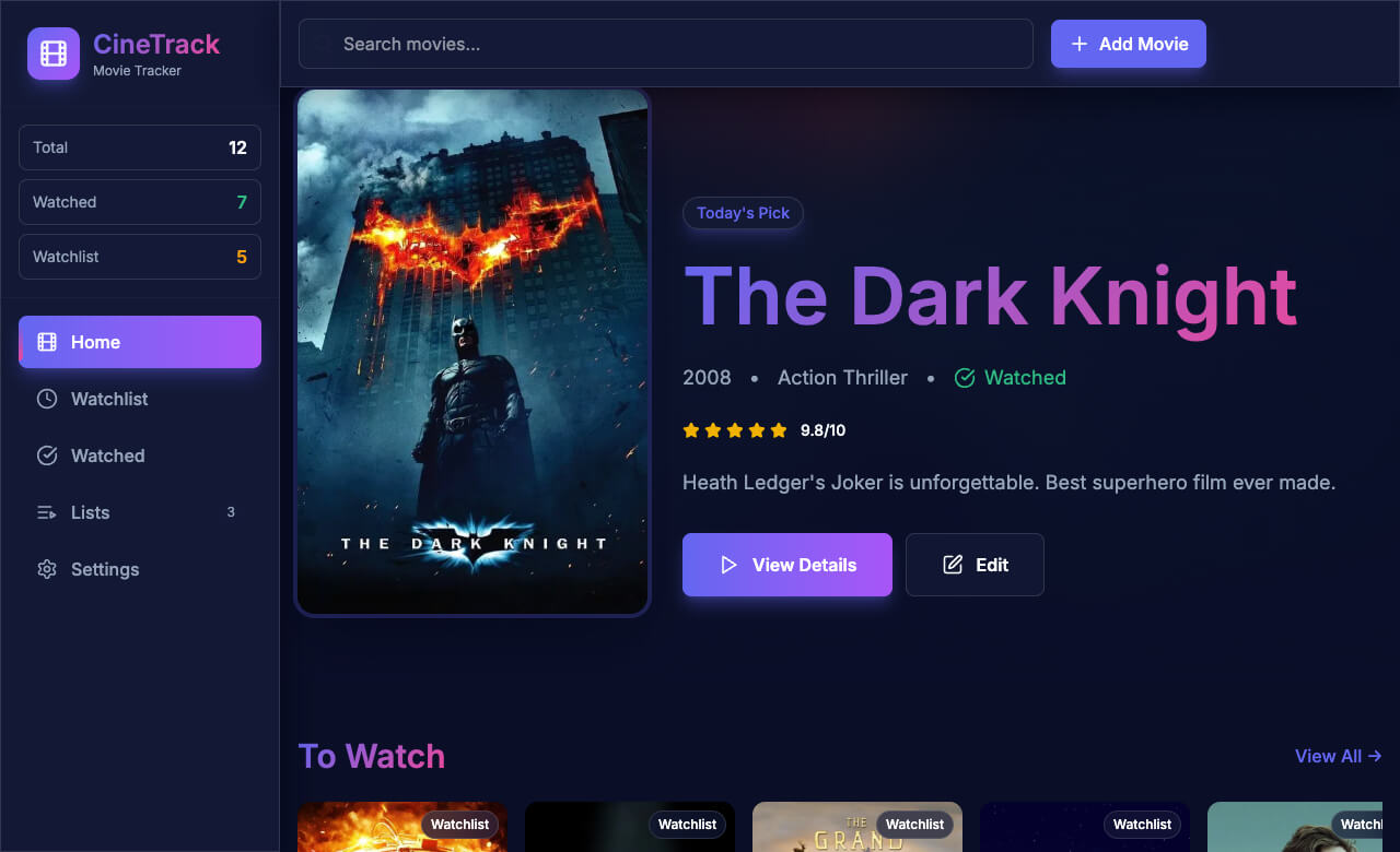 Seguimiento de películas: panel con estilo cinematográfico para organizar películas vistas y planificadas