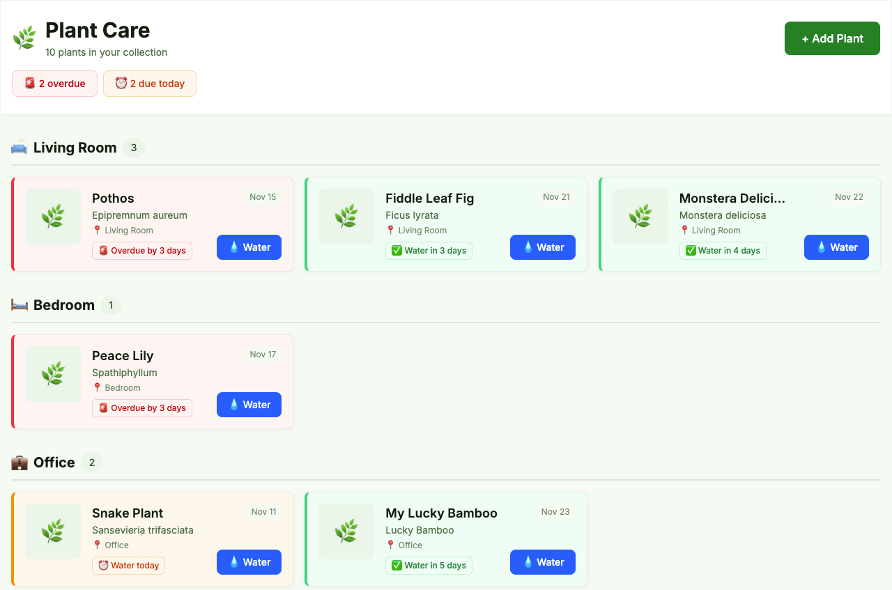 Control de riego: Lista de plantas organizada por salas con interfaz limpia, estados y fotos.