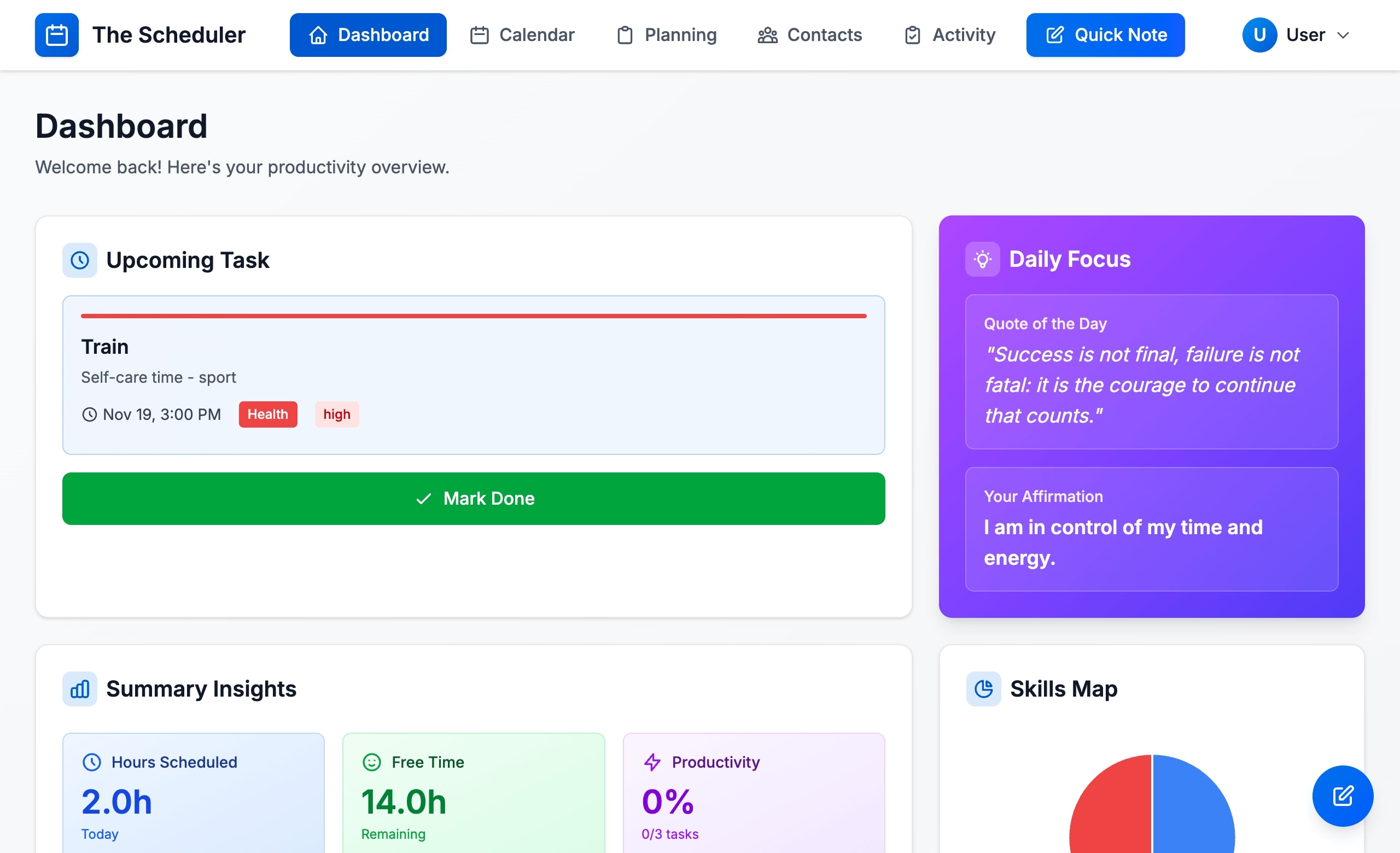 Planificador: calendario con diseño oscuro moderno con tareas, página de planificación, notas y focus timer