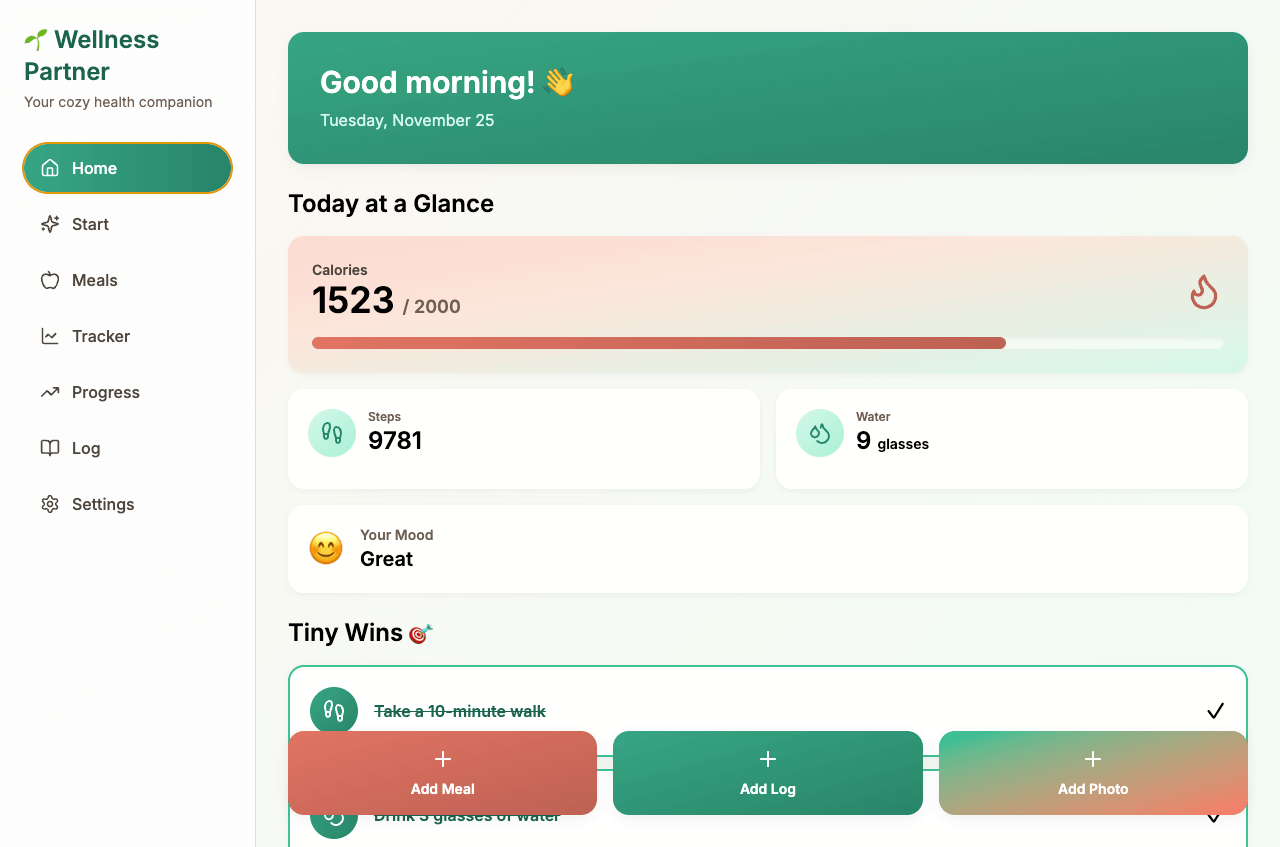 Gestor de bienestar: espacio para registrar calorías, sueño y progreso de actividad