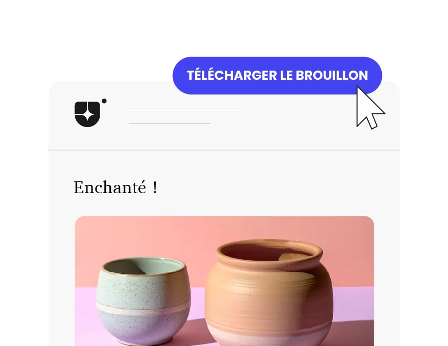 Fenêtre d’éditeur d’email marketing avec un message de bienvenue, image produit et bouton « Télécharger le brouillon » cliqué, illustrant des campagnes emailing IA prêtes à l’envoi.