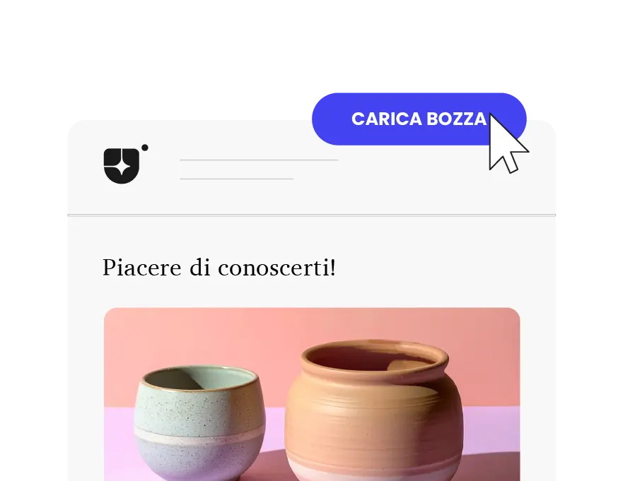 Finestra dell'editor di email marketing con un messaggio di benvenuto e un'immagine del prodotto, oltre a un grande pulsante 'Carica bozza' che viene cliccato, rappresentando le campagne email generate dall'IA pronte per essere inviate.