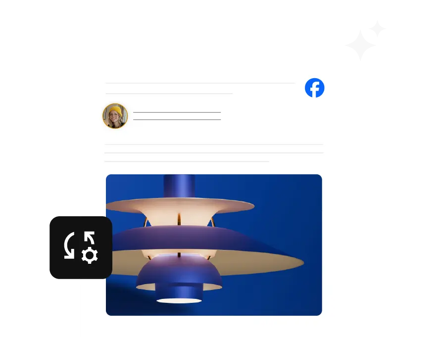 Un boceto visual de una publicación de Facebook con una lámpara de diseñador y un perfil de usuario, que demuestra la presentación profesional y el potencial de participación del contenido de redes sociales gestionado por IA.