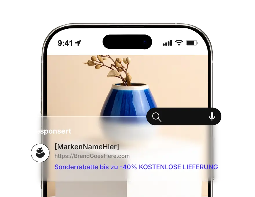 Handy-Mockup, das eine gesponserte Suchanzeige zeigt, die einen Markennamen mit einem Produktbild und einem Rabattangebot darstellt, repräsentierend AI-generierte Google Ads-Texte und Kreativen.