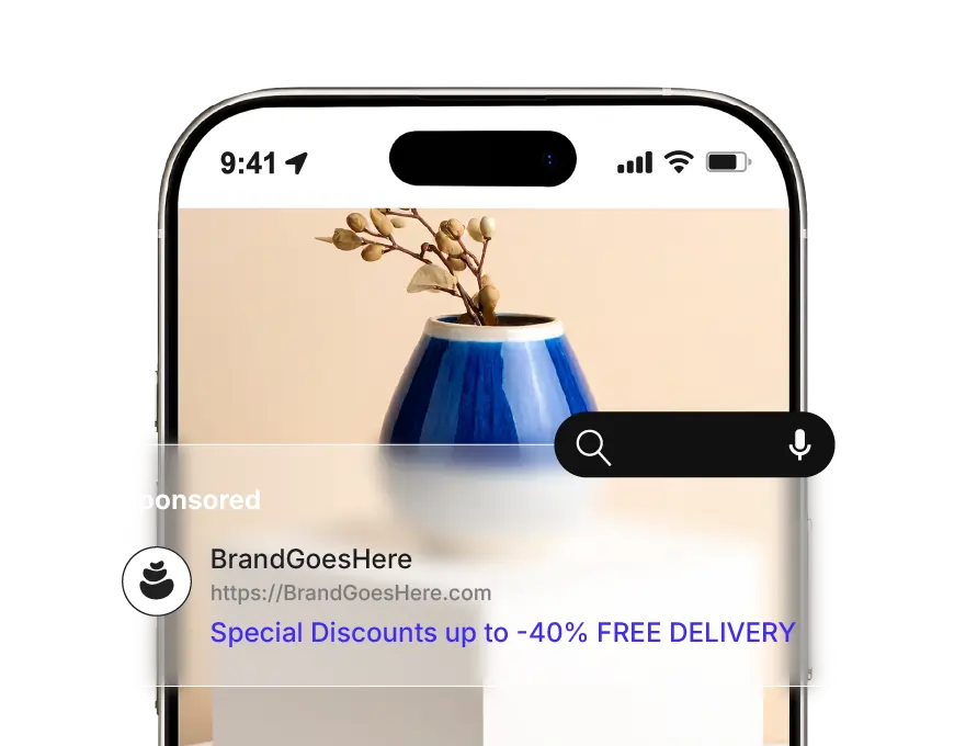 Mobile phone mockup showing a sponsored search ad showing a brand name with a product image and discount offer, representing AI‑generated Google Ads copy and creatives.