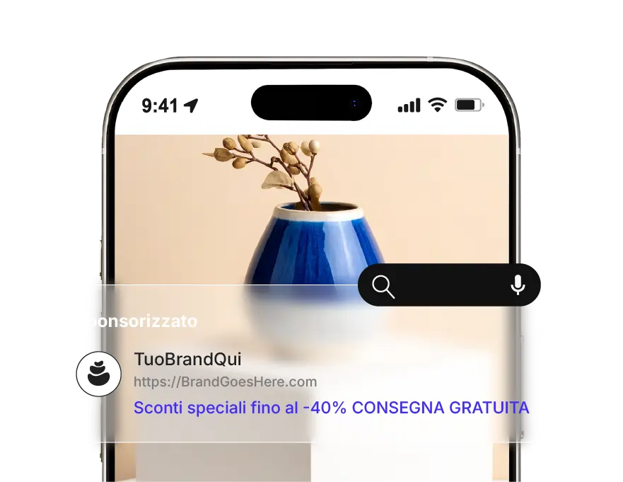 Mockup di telefono cellulare che mostra un annuncio di ricerca sponsorizzato con il nome di una marca e un'immagine del prodotto e un'offerta di sconto, che rappresenta testi e creatività di Google Ads generati dall'IA.