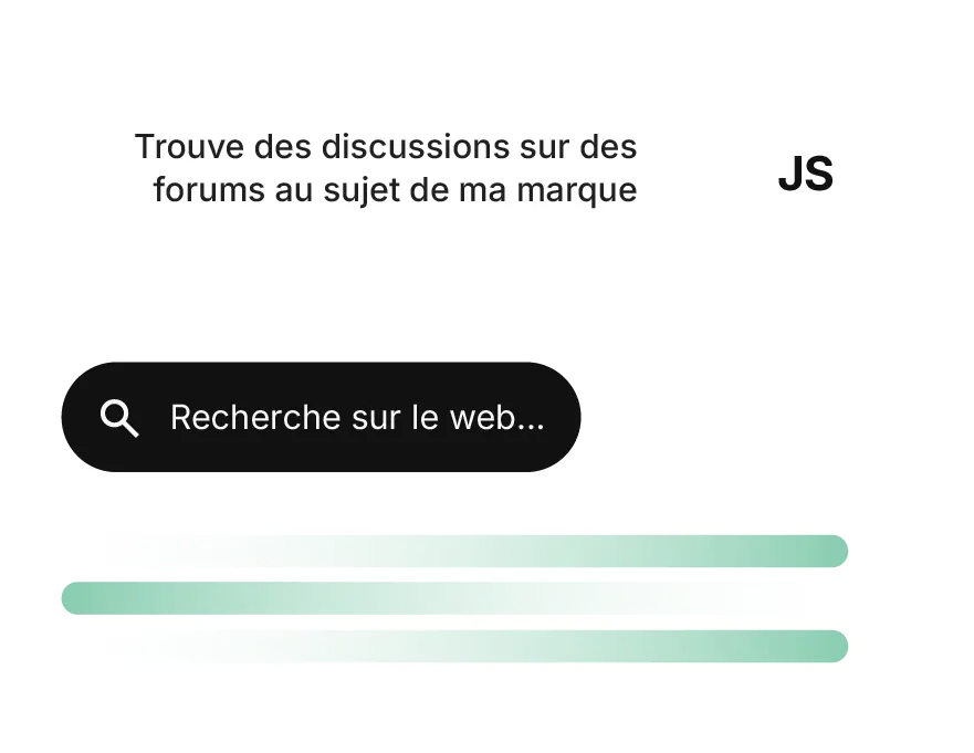 Une interface utilisateur affichant une recherche web active sur des discussions de marque sur des forums, illustrant les capacités de surveillance et d’analyse en temps réel du Reputation Manager AI.