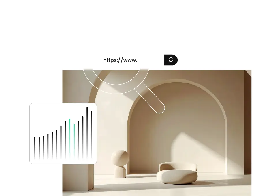 Concepto de agente de SEO con IA que muestra una barra de direcciones web con una lupa sobre el diseño de una página y un gráfico de barras ascendente superpuesto, simbolizando una mayor visibilidad en las búsquedas y el crecimiento del tráfico.