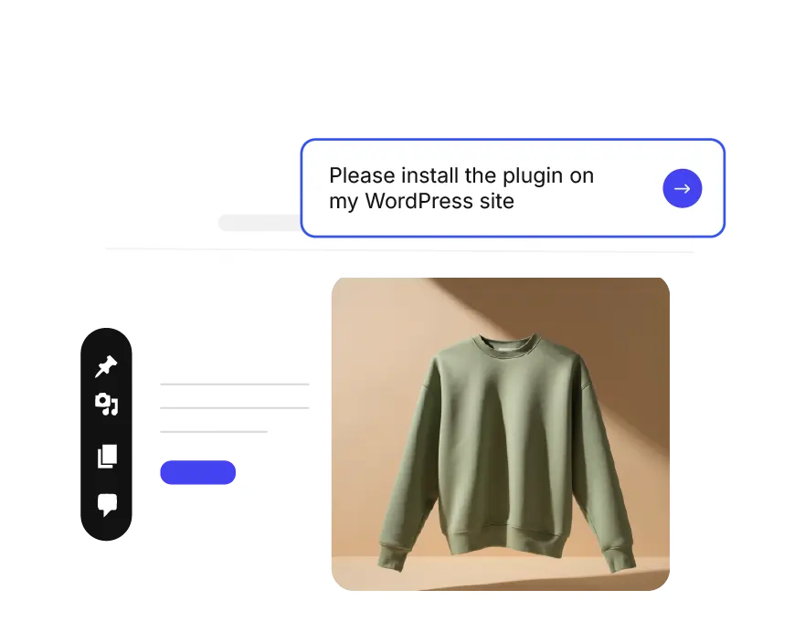 AI WordPress agent interface with a prompt saying ‘Please install the plugin on my WordPress site’ above a product image, illustrating hands‑free plugin installation.