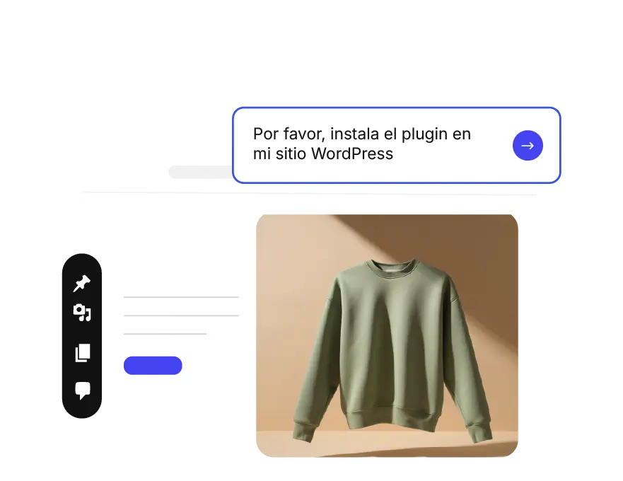 Interfaz de un agente de IA para WordPress con un mensaje que dice “Por favor, instala el plugin en mi sitio de WordPress” sobre una imagen de producto, ilustrando la instalación automática de plugins.