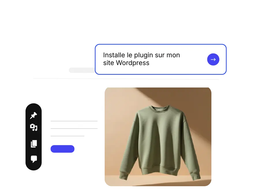 Interface d’agent WordPress IA avec prompt « Installe-moi le plugin sur mon site WordPress » au‑dessus d’une image produit, illustrant une installation mains libres.