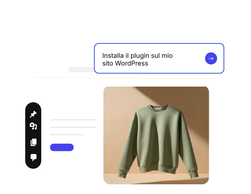 Interfaccia dell'agente WordPress con un messaggio che dice 'Per favore, installa il plugin sul mio sito WordPress' sopra un'immagine del prodotto, illustrando l'installazione del plugin.
