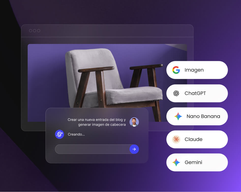 Interfaz de AI Studio generando una nueva entrada de blog y una imagen de encabezado para un producto destacado, con una lista de modelos de IA disponibles en el lateral, como Imagen, ChatGPT, Nano Banana, Claude y Gemini.