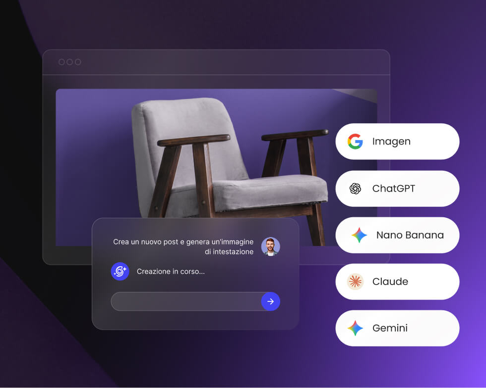 Interfaccia di AI Studio che genera un nuovo post sul blog e un'immagine dell'intestazione per un prodotto in evidenza, con un elenco di modelli di IA disponibili sul lato, inclusi Imagen, ChatGPT, Nano Banana, Claude e Gemini.