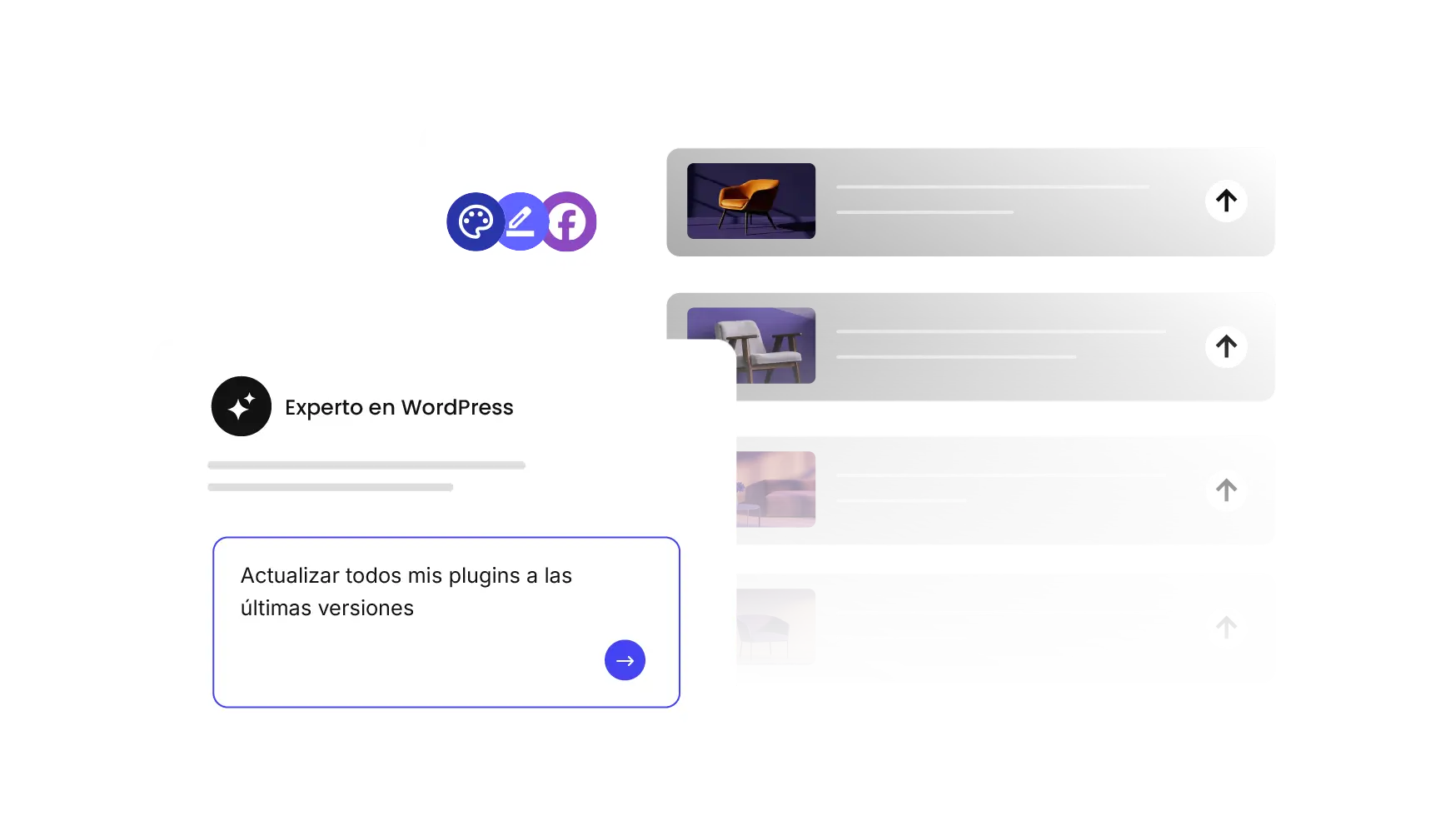 Interfaz del agente experto de WordPress con IA que muestra un mensaje para actualizar todos los plugins a sus versiones más recientes, junto con tarjetas de producto e iconos de redes sociales que sugieren optimizaciones automáticas del sitio web.